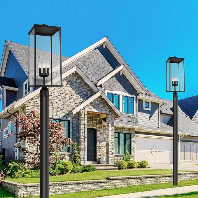 Outdoor Post Light Fixture, Modern Exterior Square Pillar Lantern with Black Finish & Clear Glass, Transitional Pier Mount Lamp, Pole Light for Garden, Backyard, Patio, Pathway, RZ008XL-P