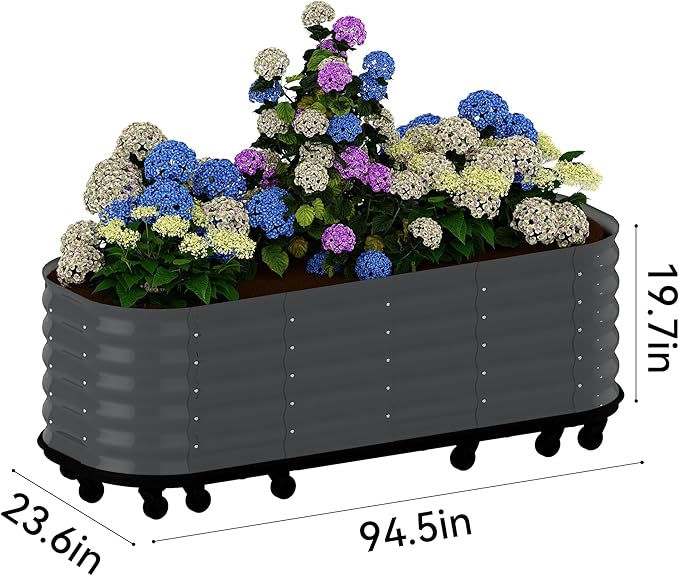 GarveeHome Self-Watering Wheeled Metal Garden Bed – Mobile Raised Planter Box with Water, Galvanized Steel Indoor/Outdoor Rolling Grow Station for Herbs, Veggies & Decor (94.5 in x23.6 in x19.7,Gray