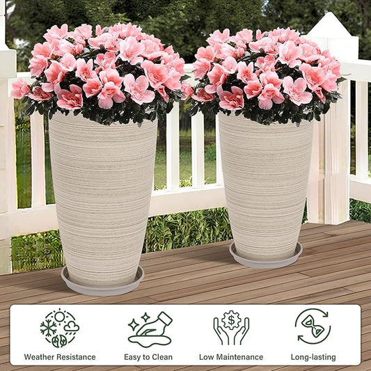Neoaider Set of 2 Tall Planter, 21 inch Large Plastic Planter with Drain Hole & Saucers, Large Outdoor Planters for Porch, Garden, Patio, Balcony(Oat Color)