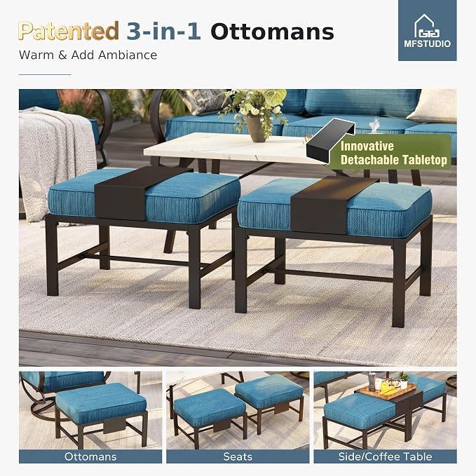 MFSTUDIO 5 Pieces Patio Conversation Sets, 7 Seats Metal Patio Furniture Sets with 1 x 3-Seat Sofa, 2 x Sofa Chairs, 2 x Ottoman, All Weather Patio Sets with 5.75inch Peacock Blue Cushion for Garden