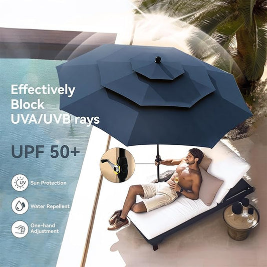 PHI VILLA 10ft Outdoor Patio Umbrellas for Outside, 3 Tier Vented Market Table Umbrella Windproof for Backyard, Deck, Garden, 1.5" Pole, Dark Blue(No Base)