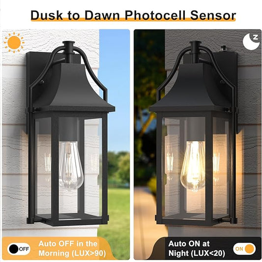 Dusk to Dawn Outdoor Wall Light, Waterproof Wall Sconces, Exterior Wall Mount Lantern Sconce with Glass, Black Patio Lanterns for House Garage Front Door, 14.8in, 1 Pcak