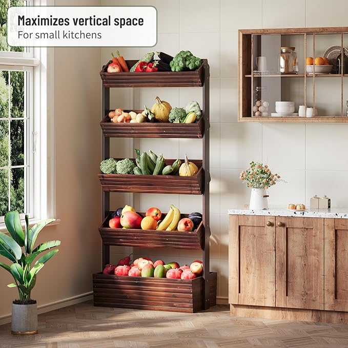 Vertical Wooden Raised Garden Bed, Garden Planters Freestanding Wood Plant Stand Flower Rack Wooden Planter Box for Plants Herbs Flowers Vegetables Outdoor Indoor Gardening (5-Tier Carbonized)