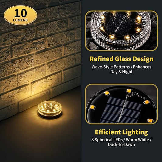 Glass Solar Pathway Lights with Wave Style, Modular-Design Waterproof In-Ground Light for Patio Pathway Lawn Yard Deck Walkway, Decorative Disk Lighting for Garden Bed, Warm White (2 Pack)