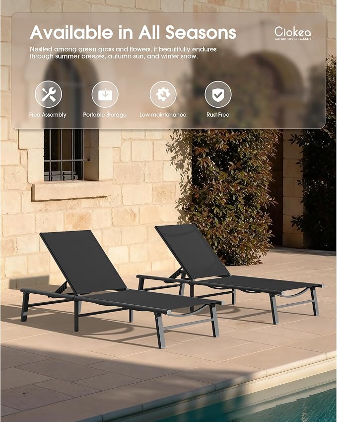 Ciokea Foldable Outdoor Lounge Chair Set of 2, No Assembly Aluminum Chaise Lounge Outdoor with 5 Adjustable Positions, Pool Lounge Chairs with Portable Design for Pool, Beach, Deck, Patio, Black
