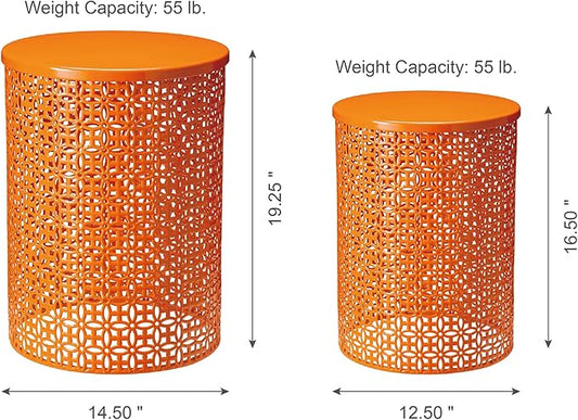 Glitzhome Outdoor Side Table Set of 2, Decorative Garden Stool for Indoor Outdoor Heavy Duty Metal Frame Accent Table Modern End Table, Glossy Orange