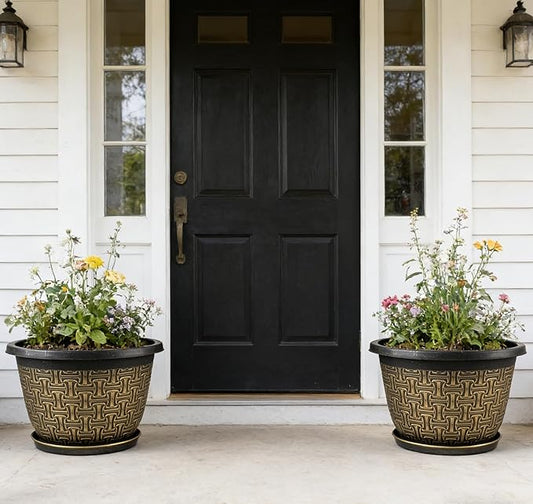 Nooulap 4 Pack 16 Inch Planter,Large Plastic Flower Pots Outdoor Indoor with Drainage Holes & Trays, Retro Antique Imitation Decorative Garden Plant Pots Outdoor for Houseplants