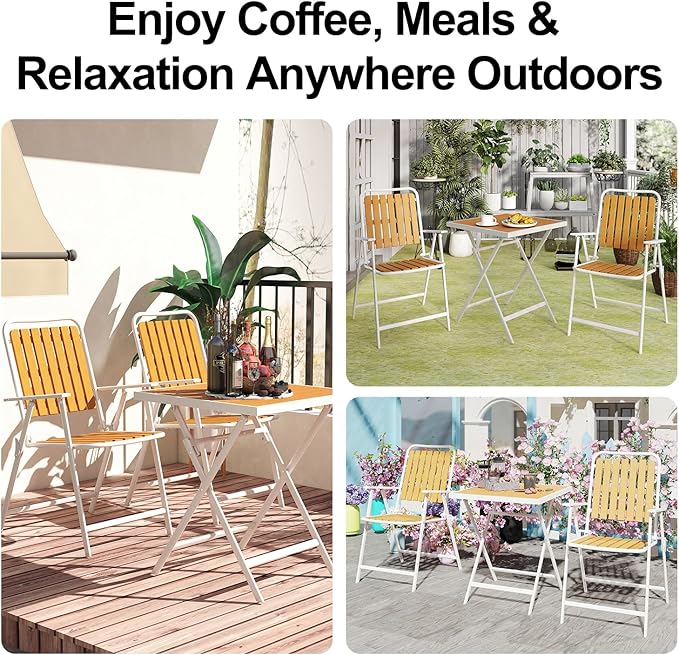 3 Piece Outdoor Bistro Set with Yellow Wood-Look Tabletop, Patio Table and Chairs Set of 2, Folding Small Balcony Furniture for Garden, Deck, Porch, Outdoor Bistro Patio Set