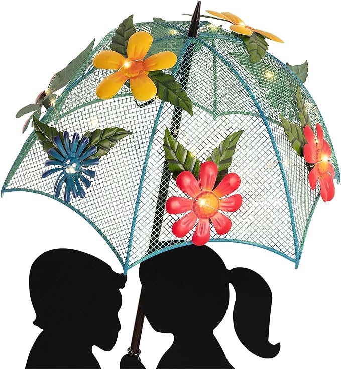 Alpine Corporation 39" Tall Outdoor Solar Powered LED Lights Girl and Boy Silhouette with Umbrella Yard Statue