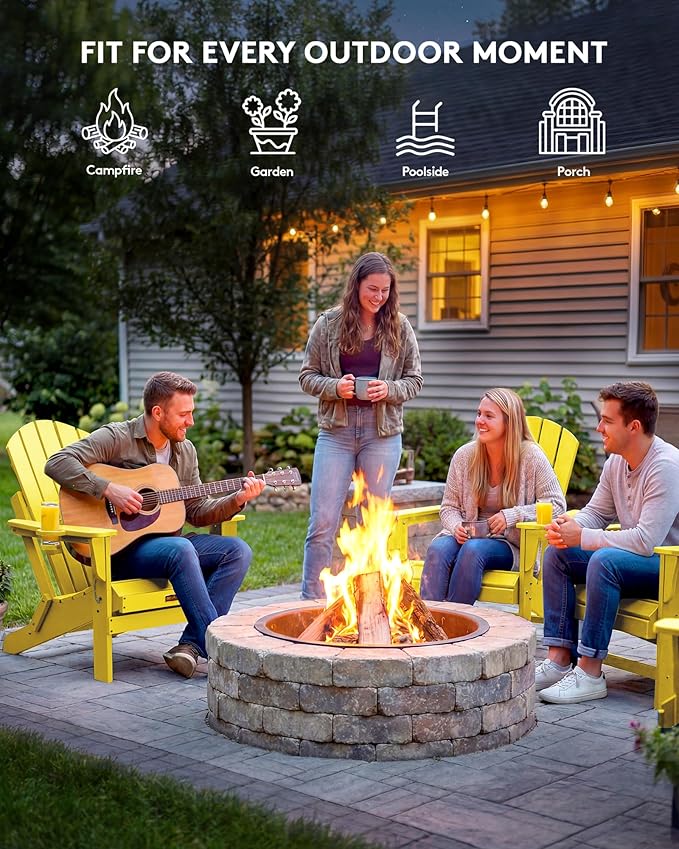 SERWALL Folding Adirondack Chair Outdoor Adirondack Chairs with Cup Holder, Weather Resistant Fire Pit Chairs for Patio - Yellow