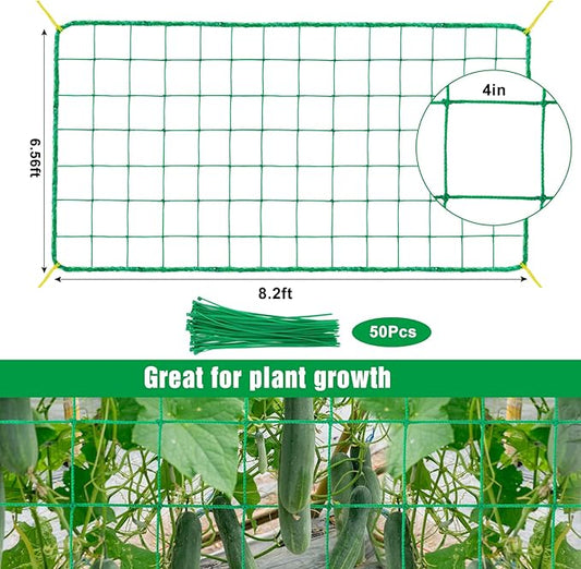 Unves Trellis Netting, 8.2 x 6.6Ft Garden Trellis Netting for Climbing Plants Outdoor, 27 Strands & 4x4 Inch Heavy Duty Mesh Plant Garden Netting for Cucumber, Tomato, Vegetables, Grapes, Bean