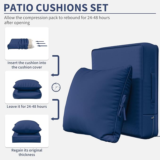 Premium Outdoor Seat Cushion Chair Cushions for Patio Furniture 24 L X 24 W X 5 H Waterproof & Fade Resistant Deep Seat and Backrest Cushion Set with Removable Covers for Chair, Sofa