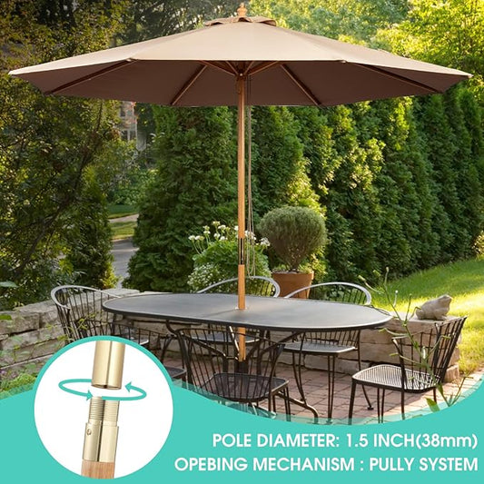 9FT Table Patio Outdoor Umbrella Market Round Umbrella with Pulley Lift Windproof & Waterproof, 8 Ribs with Polyester Cover for Garden, Deck, Pool, lawn, Backyard
