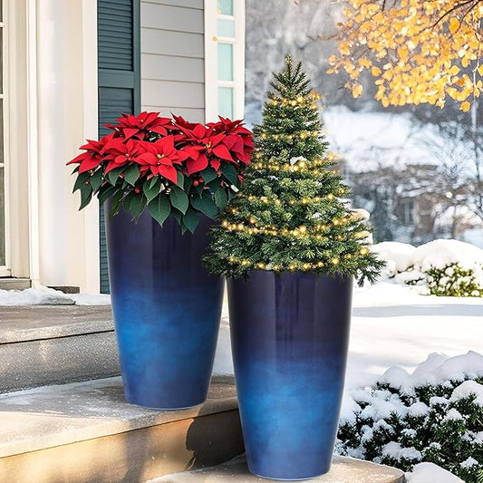 22.8" H Deep Water Blue Planters for Outdoor Plants, Set of 2 Large Flower Pot with Drainage Hole, Weather-Resistant for Porch,Garden,Patio or Indoor Use. Ideal for Christmas Decoration