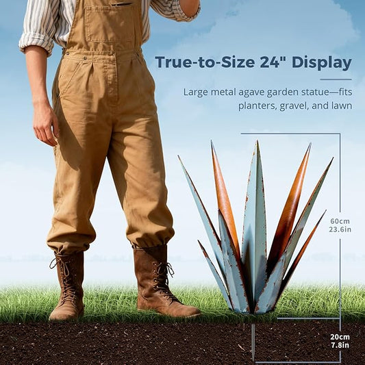 KODIBO 24” Large Metal Agave Plants Outdoor Decor, Vintage Blue Tequila Rustic Sculpture Outdoor Statues, Agave Metal Plants for Yard Garden Lawn Ornaments,Artisan Metal Agave Landscape Decor