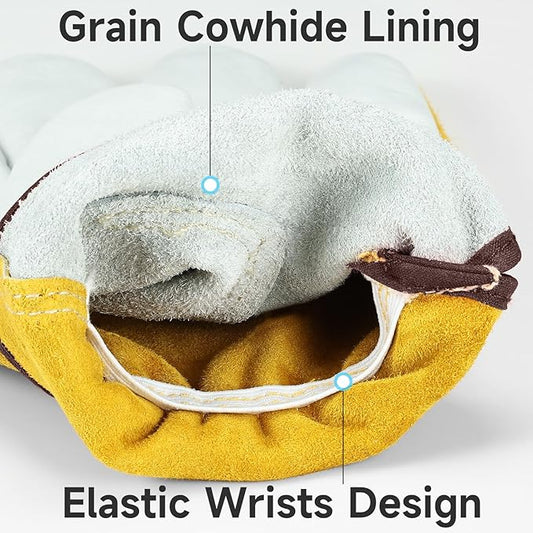 OZERO Leather Work Gloves for Men & Women, 3 Pairs Genuine Cowhide Garden Gloves, Lab Tested EN388 2143X, Flexible Grip, Breathable Unlined Comfort, Elastic Wrist (Gold/Light Cyan, X-Large)