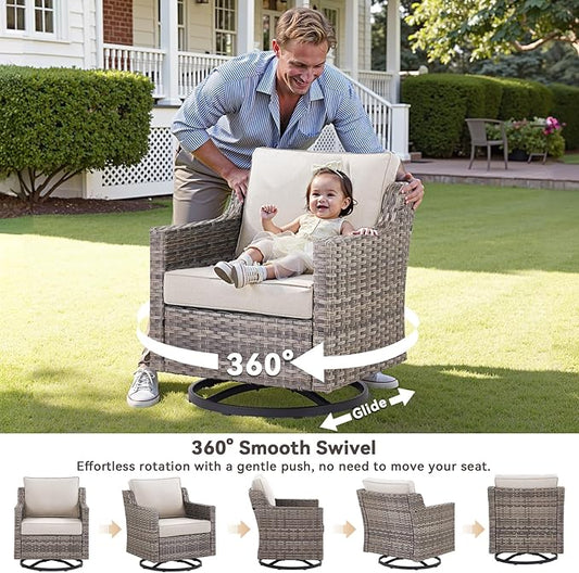 3 Pieces Patio Furniture Set-High Back Swivel Patio Chairs Set of 2 with Outdoor Side Table Patio Table and Chairs Set for Porch Deck Balcony Garden Grey/Beige