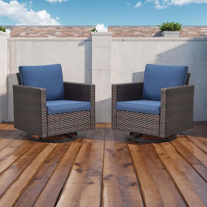 Rilyson Outdoor Patio Swivel Rocker Chairs - Wicker Patio Swivel Rocking Chairs Set of 2 with Waterproof Wicker,Comfortable Cushions and Sturdy Metal Frame for Outside Porch Deck Backyard(Brown/Blue)