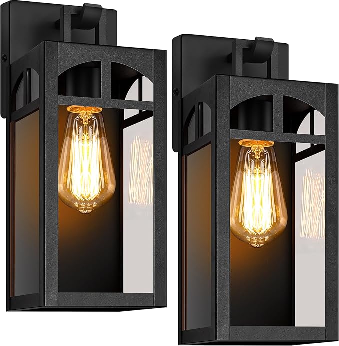 Outdoor Wall Lanterns, Exterior Waterproof Matte Black Wall Light Fixtures, Sconces Lighting with Clear Glass Shade, Anti-Rust E26 Socket Lights for Porch Entryway Patio, 2 Pack