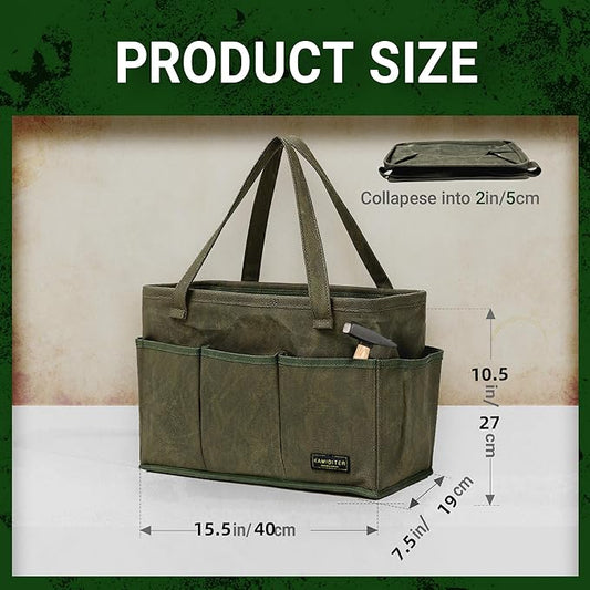 Tool Bag with Metal Frame, Waxed Canvas Wide Open Top Tool Tote Bag with 10 External Pockets, 15.5 x 7.5 x 10.5 Inches (ArmyGreen)