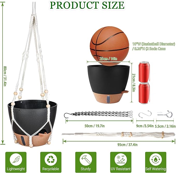 10 Inch Hanging Planters for Indoor Plants, 2 Pack Self Watering Hanging Baskets Flower Pots with Drainage Hole, Visual Reservoir & 2 Kinds of Plant Hanger for Outdoor Garden Home Decor(Black)