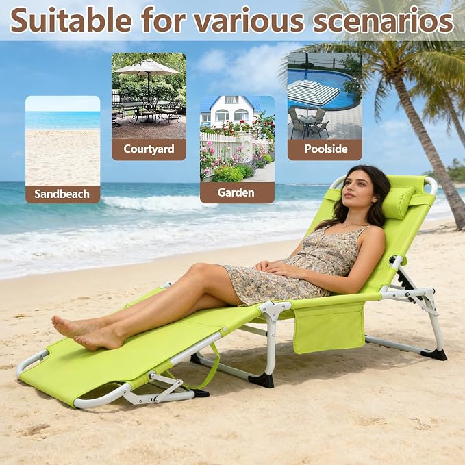 3-in-1 Heavy Duty Tanning Chair with Face Hole Adjustable 5-Position Folding Chaise Lounge Chairs Portable Lay Flat Beach Lounge Chair for Outdoor Sunbathing Patio Pool Lawn Camping Deck (Green)