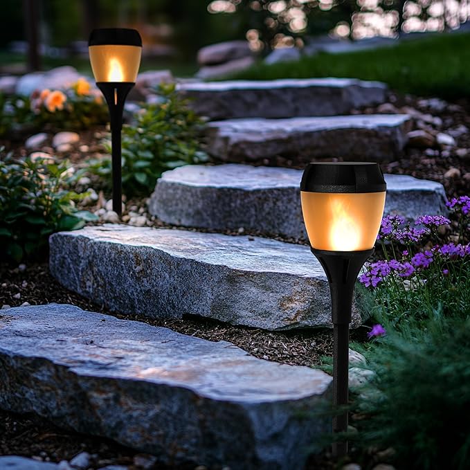Solar Path Lights Outdoor Waterproof - Realistic Flickering LED Flame, IP65 Pathway Lights Solar Powered Warm Light for Garden and Walkways, Ground Stake Included for Easy Setup (6 Pack)