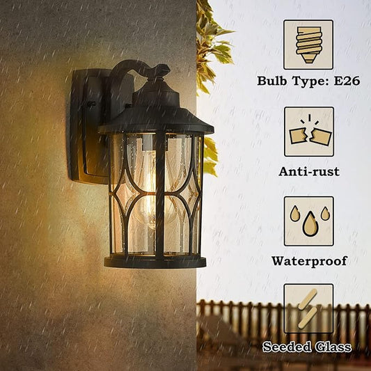 zeyu Farmhouse Outdoor Wall Lantern - 12 Inch Exterior Wall Sconce, Cast Aluminum with Seeded Glass, Black Finish, ZX48B BK