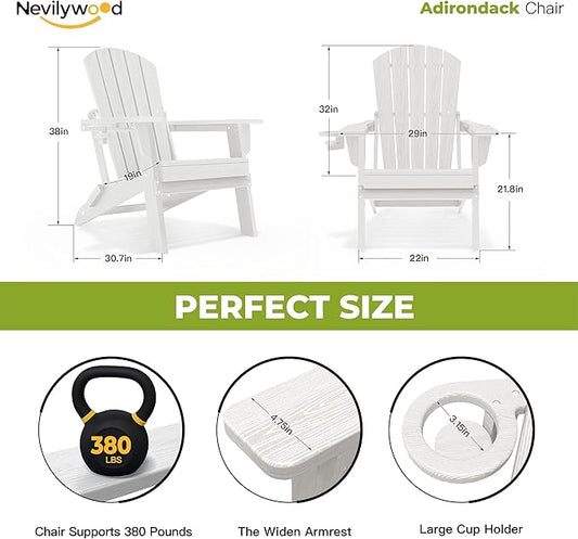 nevilywood Folding Adirondack Chair, Ergonomic Extended Backrest, HDPE All-Weather, 380lbs Capacity, Maintenance-Free, Cup Holder, (White)- Outdoor Patio & Firepit Chair