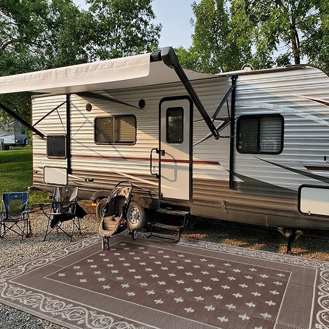 Pauwer Waterproof Outdoor Rug 6x9, Reversible Plastic Straw Patio Camping Rug, Indoor Outdoor RV Mat Carpet for Deck, Camper, Porch, Balcony, Backyard, Picnic, Bordered Brown