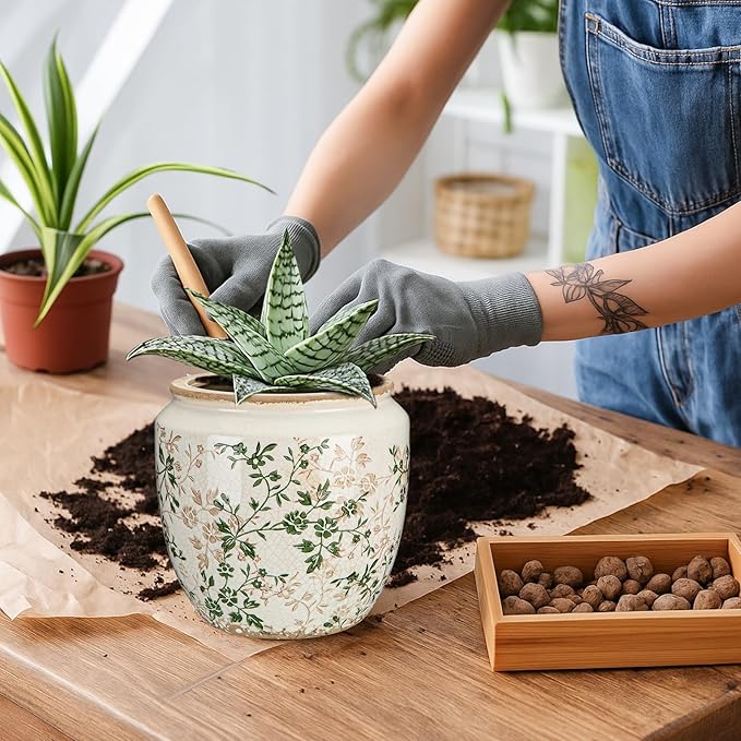 LemonRoad 7 Inch Large Vintage Ceramic Planter with Drainage Holes Ice Crackle Flower Vase Flower Pot with Rustic Greenery Pattern for Indoor Outdoor Plants Garden Home Kitchen Office Shelf Decor