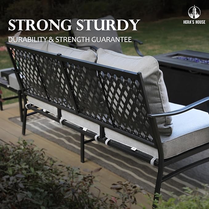 HERA'S HOUSE 5 Pieces Patio Furniture Set, 2 x Cushioned Rocking Chair, 2 x Ottoman, 1 x 3-Seat Sofa, All Cushioned 7 Seats Outdoor Conversation Set for Lawn Garden Backyard, Grey