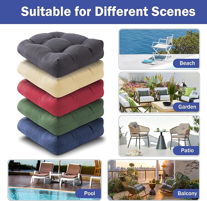 Outdoor Chair Cushions Set of 2, Patio Chair Cushions with Ties, 19x19+5” Tufted Outdoor Seat Cushions, Waterproof Patio Furniture Cushions, Outdoor Dining Chair Pads, Navy