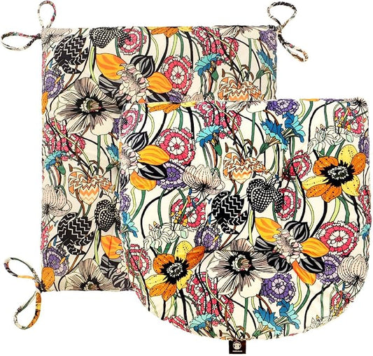 Patio Cushion, Rocking Chair Cushion, Tufted Pads, Set of Upper and Lower with Ties Pack of 2 (2 Sets) - Back 19"×16.5", Seat 16.5"×16.5" (Black Purple Flowers)