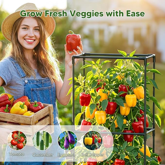 Raised Garden Bed with Tomato Cages,52"/4.3ft Tomato Planter with Trellis,Adjustable Height,Self Watering Planter Box for Vegetables & Climbing Plant Indoor Outdoor Balcony Patio (2)