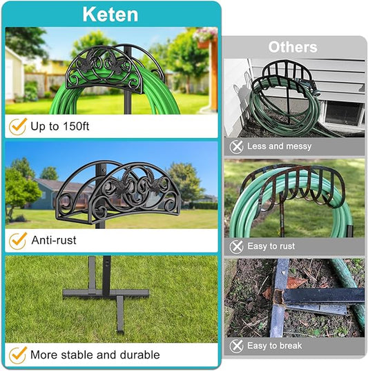 Keten Garden Hose Holder, Detachable Metal Water Hose Holder Stand, Heavy Duty Freestanding Garden Hose Reel Rack and Hose Storage Organizer for Outside Yard