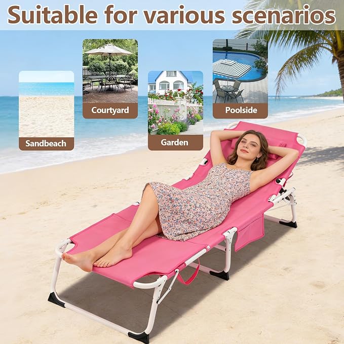 3-in-1 Heavy Duty Tanning Chair with Face Hole Adjustable 5-Position Folding Chaise Lounge Chairs Portable Lay Flat Beach Lounge Chair for Outdoor Sunbathing Patio Pool Lawn Camping Deck (Pink)
