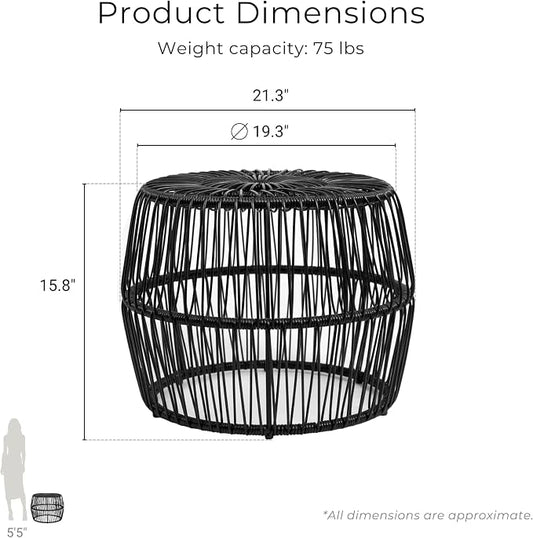 Furniture of America Ysar Boho Rattan Round Coffee Table Outdoor with Metal Frame, All-Weather and Rust Resistant, Handcrafted Coastal Furniture for Patio, Poolside, Garden, Yard, Black