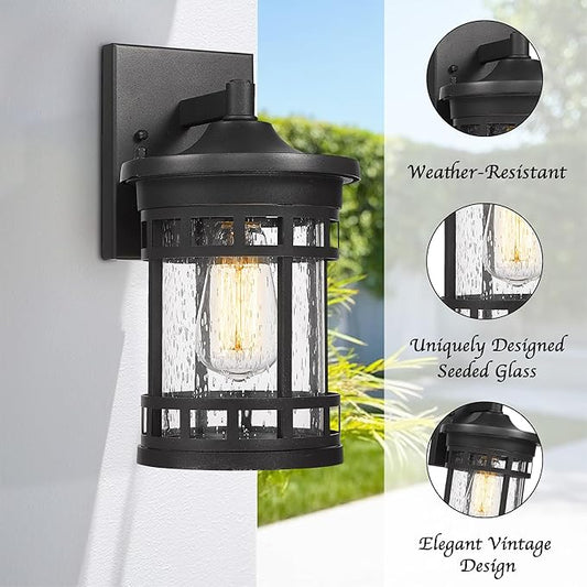 Bestshared Outdoor Wall Mount Lantern Anti-Rust Porch Light Fixtures Waterproof Wall Lamp Light Seeded Glass Exterior Sconce Lighting for Porch Patio Garage Front Door Entryway (Black, 12 Inch Height)
