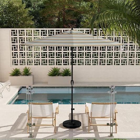 California Umbrella 9' Rd Aluminum Patio Umbrella, Crank Lift, Auto Tilt, Black Finish, Sunbrella Gateway Mist