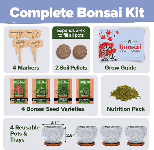 HOME GROWN Bonsai Tree Kit β Premium Ceramic Starter Set with 4 Bonsai Varieties β Easy Indoor Gardening Gift for Men & Women β Unique Plant Kit for Beginners & Nature Lovers
