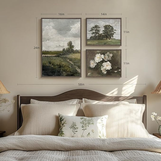 3 Piece Framed Vintage Landscape Canvas Wall Art Set, Large Green Tree and Floral Farmhouse Artwork for Walls, French Country Retro Nature Prints Paintings for Living Room Bedroom Fireplace Wall Decor