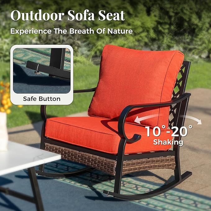 Patio Furniture Set with Firepit Table, Black Frame Outdoor Conversation Set with 2 x Rocking Chairs, 1 x 2-Seat Sofa, 1 x 3-Seat Sofa for Lawn Garden Backyard, Red