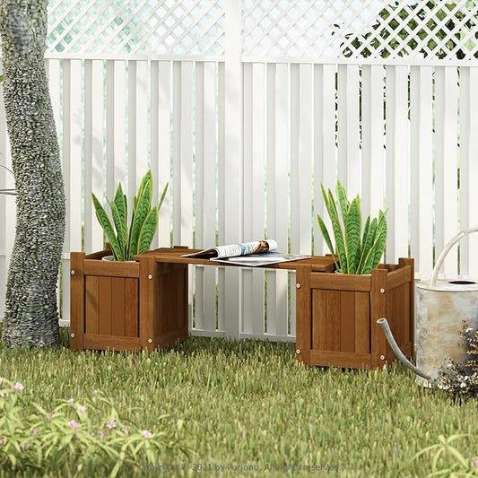 Furinno Tioman Hardwood Mini Outdoor Planter Box with Bench for Garden Plant