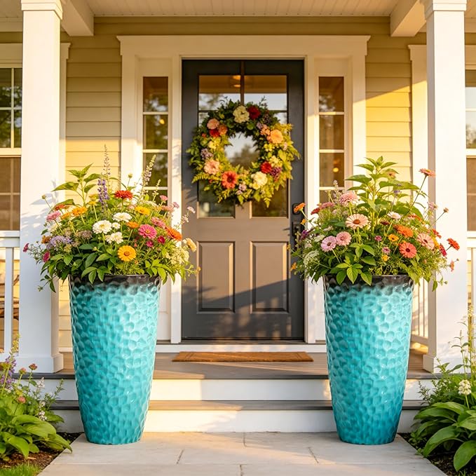 23.75" H Large Tall Outdoor Planters, Set of 2 Plastic Large Flower Pots for Outdoor Plants, with Turquoise Teal Honeycomb Texture, Weather-Resistant for Porch, Garden, Patio or Indoor Use