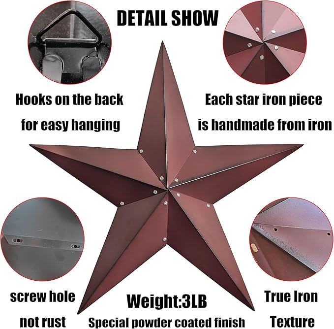 JoyEvy 36" Large Barn Star-Red Black Barn Stars Outdoor Decoration-Metal Star for Outside Texas Stars Art Rustic Vintage Western Country Home Farmhouse Primitive House Decor- Primitive Wall Décor