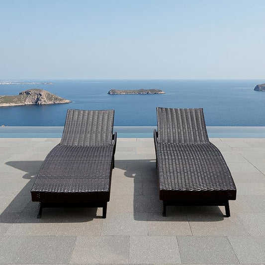 Set of Foldable Long Reclining Patio Seating Chairs, 2 Folding Chairs Patio Chaise Lounge, Outdoor Wicker Lounge Chaise, Rattan Chaise Lounge Lawn Sunbathing Recliner Beach Pool Backrest Recliners