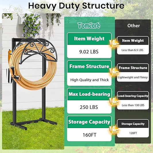 TomCare Garden Hose Holder Heavy Duty Water Hose Holder Holds 160 FT Hoses 4 Spikes Hose Reel Freestanding Hose Hanger Sturdy Hose Storage Stand for Outside Yard Lawn