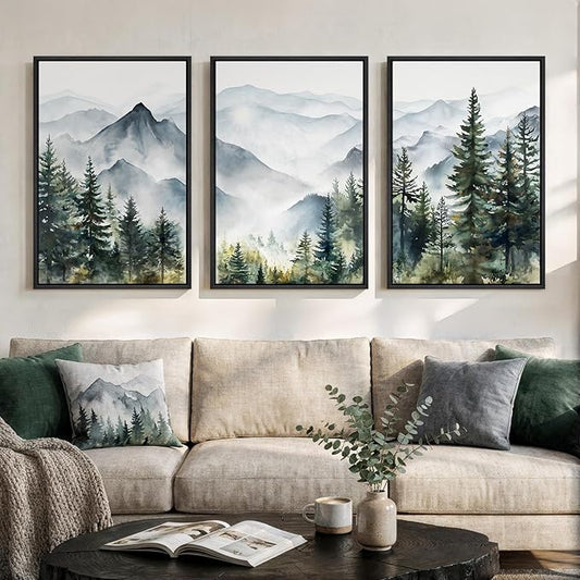 Framed Mountain Landscape Wall Art Bedroom, 3 Piece Nature Foggy Forest Canvas Print Artwork for Walls, Scenic Pine Tree Paintings Pictures Wall Art Decor for Living Room Hallway, 16x24 Inch