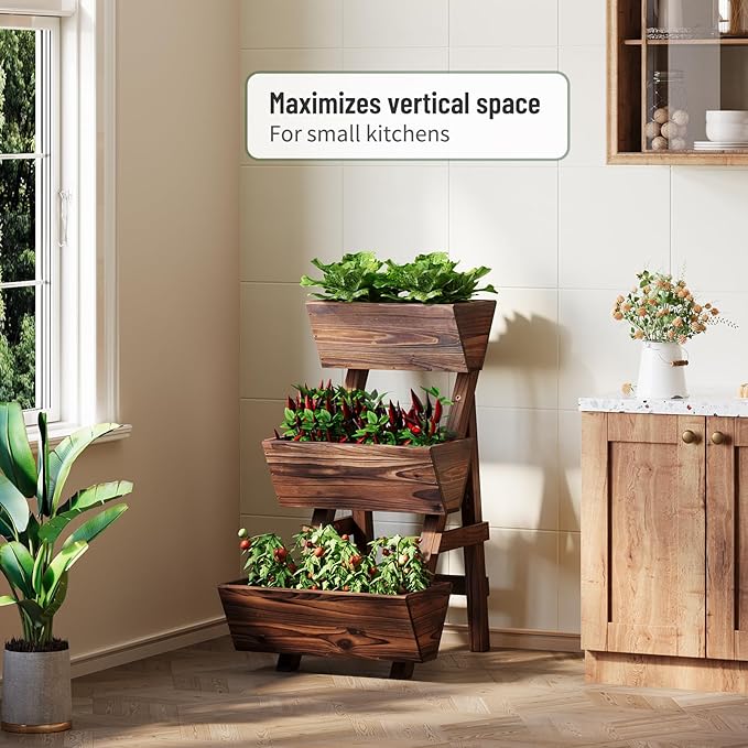 Vertical Wooden Raised Garden Bed, Garden Planters Freestanding Wood Plant Stand Flower Rack Wooden Planter Box for Plants Herbs Flowers Vegetables Outdoor Indoor Gardening (3-Tier Small Carbonized)